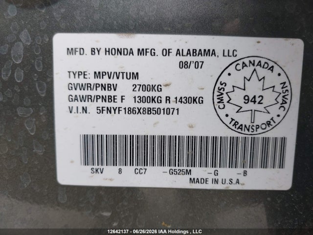 Aukcja sprzedaży 2008 Honda Pilot Se-l, vin: 5FNYF186X8B501071, numer aukcji: 12642137