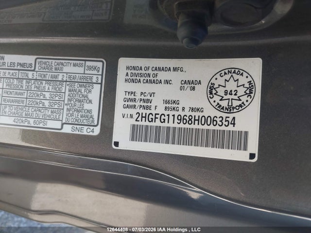 Продажа на аукционе авто 2008 Honda Civic Ex-l, vin: 2HGFG11968H006354, номер лота: 12644408