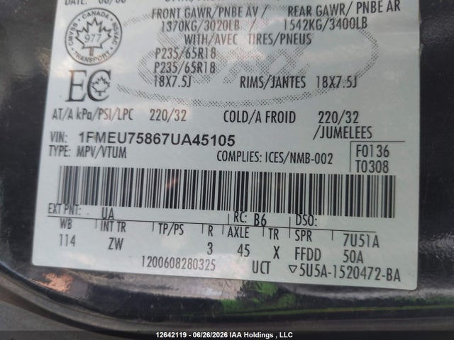 Продаж на аукціоні авто 2007 Ford Explorer Limited, vin: 1FMEU75867UA45105, номер лоту: 12642119