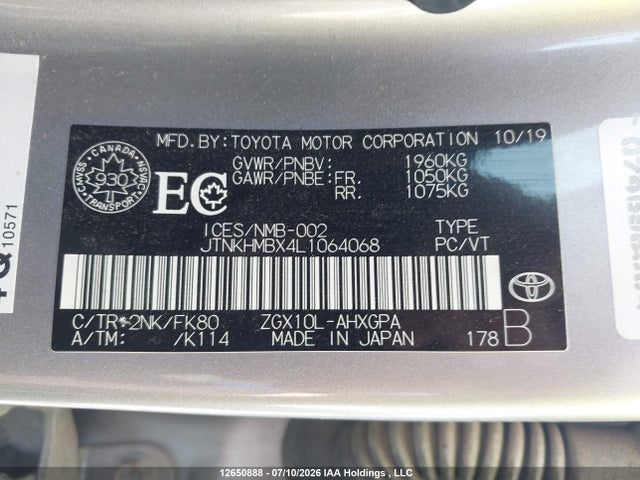 12650888 :رقم المزاد ، JTNKHMBX4L1064068 vin ، 2020 Toyota C-hr Xle/le/limited مزاد بيع