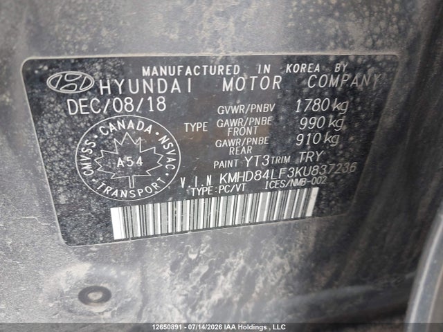12650891 :رقم المزاد ، KMHD84LF3KU837236 vin ، 2019 Hyundai Elantra Preferred مزاد بيع