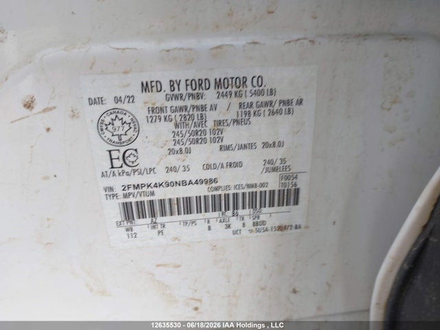 2022 Ford Edge Titanium მანქანა იყიდება აუქციონზე, vin: 2FMPK4K90NBA49986, აუქციონის ნომერი: 12635530