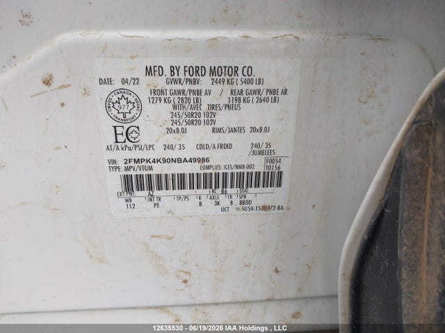 Auction sale of the 2022 Ford Edge Titanium, vin: 2FMPK4K90NBA49986, lot number: 12635530