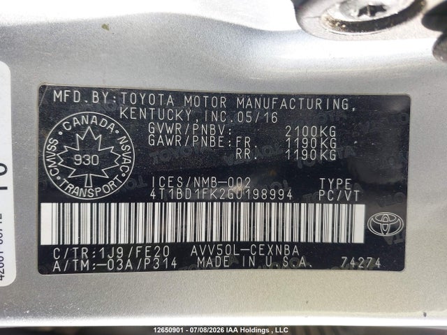 12650901 :رقم المزاد ، 4T1BD1FK2GU198994 vin ، 2016 Toyota Camry Hybrid مزاد بيع