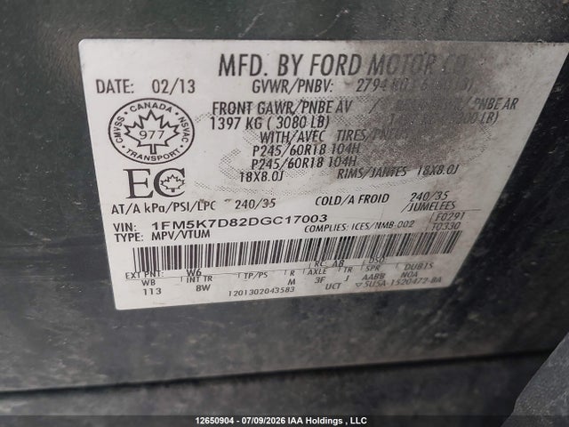 12650904 :رقم المزاد ، 1FM5K7D82DGC17003 vin ، 2013 Ford Explorer مزاد بيع