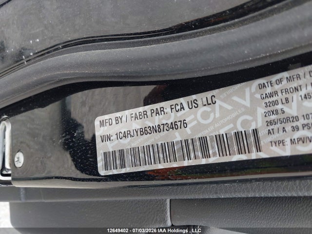 12649402 :رقم المزاد ، 1C4RJYB63N8734676 vin ، 2022 Jeep Grand Cherokee 4xe Limited مزاد بيع
