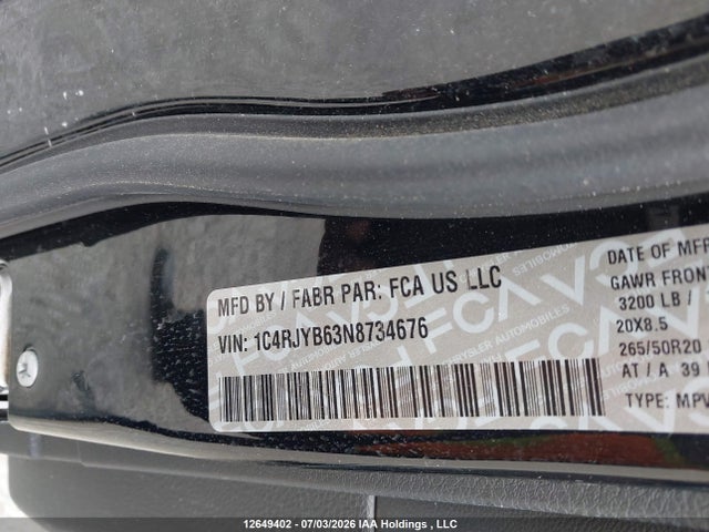 12649402 :رقم المزاد ، 1C4RJYB63N8734676 vin ، 2022 Jeep Grand Cherokee 4xe Limited مزاد بيع