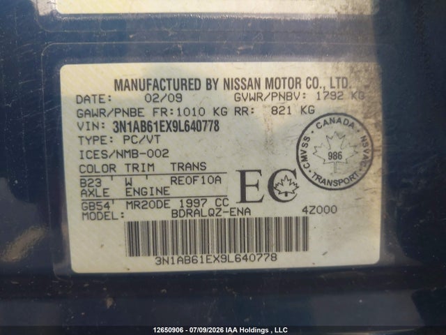 2009 Nissan Sentra 2.0/2.0s/2.0sl მანქანა იყიდება აუქციონზე, vin: 3N1AB61EX9L640778, აუქციონის ნომერი: 12650906