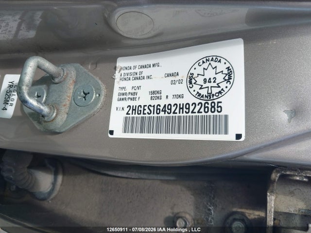 Aukcja sprzedaży 2002 Honda Civic Dx, vin: 2HGES16492H922685, numer aukcji: 12650911