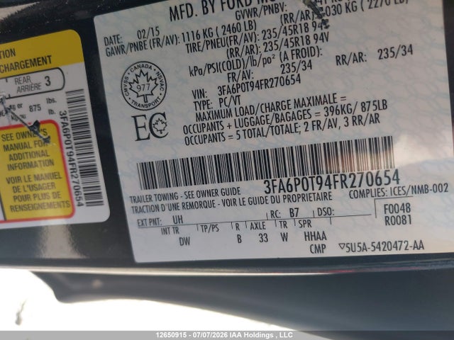 Ford FUSION SE 2015 3FA6P0T94FR270654 Image 9
