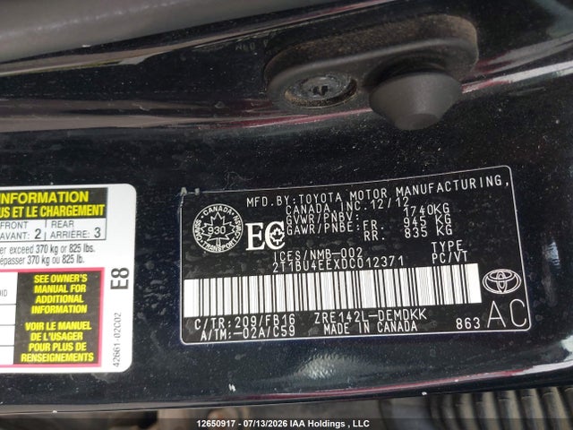 2013 Toyota Corolla Ce მანქანა იყიდება აუქციონზე, vin: 2T1BU4EEXDC012371, აუქციონის ნომერი: 12650917