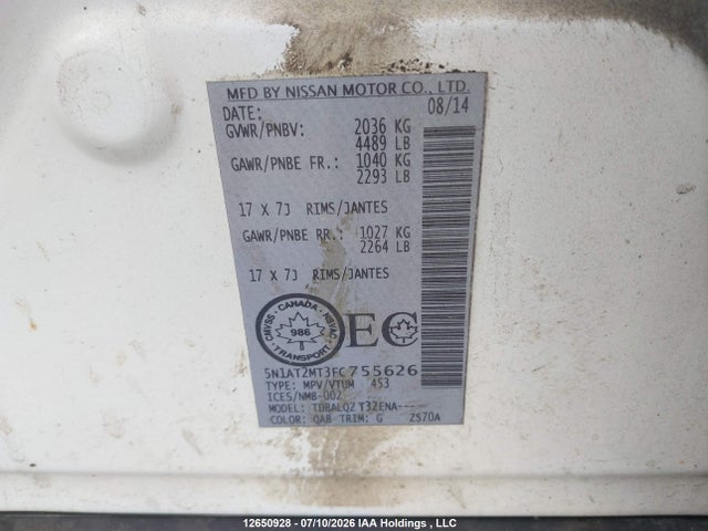 Nissan ROGUE S/SV 2015 5N1AT2MT3FC755626 Image 9