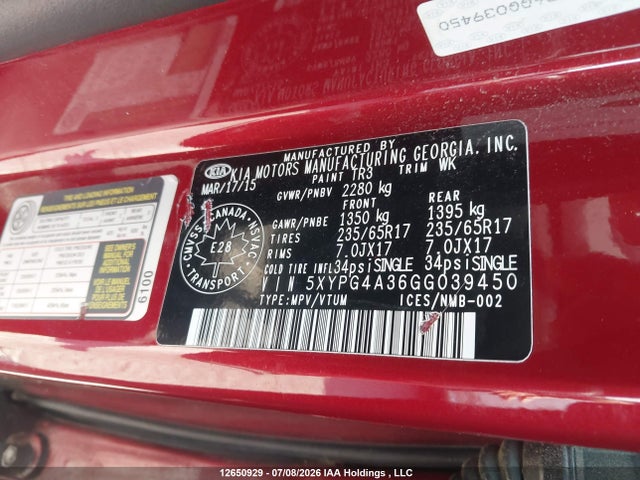 12650929 :رقم المزاد ، 5XYPG4A36GG039450 vin ، 2016 Kia Sorento 2.4l Lx مزاد بيع