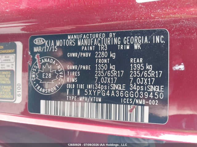 12650929 :رقم المزاد ، 5XYPG4A36GG039450 vin ، 2016 Kia Sorento 2.4l Lx مزاد بيع