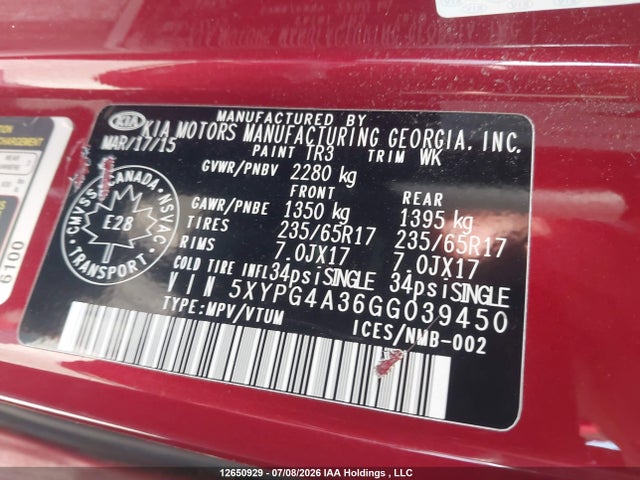 12650929 :رقم المزاد ، 5XYPG4A36GG039450 vin ، 2016 Kia Sorento 2.4l Lx مزاد بيع
