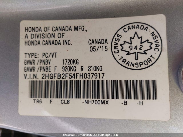 2015 Honda Civic Ex მანქანა იყიდება აუქციონზე, vin: 2HGFB2F54FH037917, აუქციონის ნომერი: 12650933