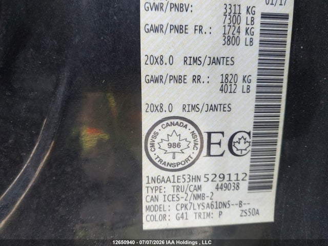 1N6AA1E53HN529112 Nissan Titan Sv/sl/pro-4x/plat Res