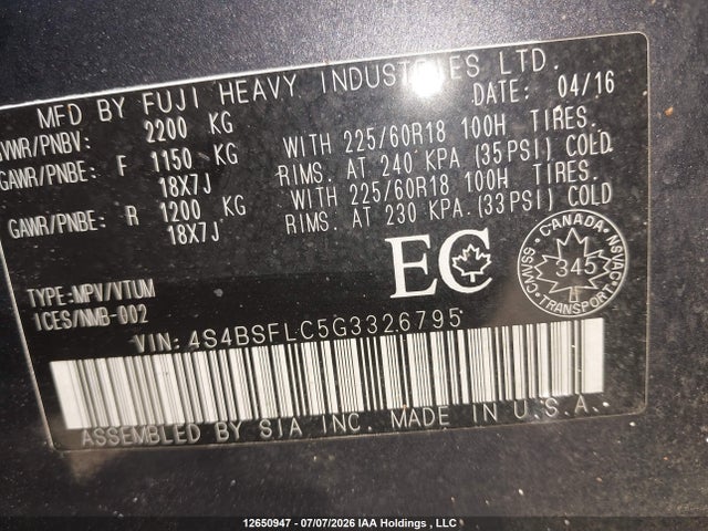 4S4BSFLC5G3326795 Subaru Outback 3.6r Limited