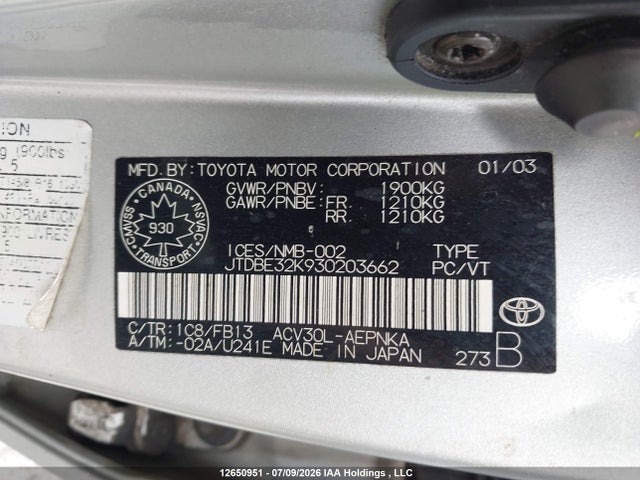 Продажа на аукционе авто 2003 Toyota Camry Le/xle, vin: JTDBE32K930203662, номер лота: 12650951