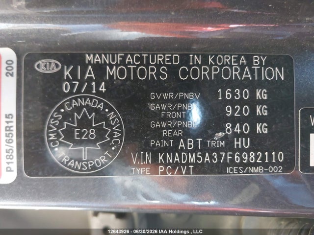 Продажа на аукционе авто 2015 Kia Rio Ex/lx/lx+/sx, vin: KNADM5A37F6982110, номер лота: 12643926