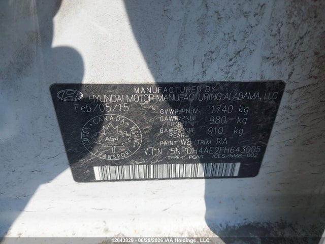 Продаж на аукціоні авто 2015 Hyundai Elantra L, vin: 5NPDH4AE2FH643005, номер лоту: 12643829