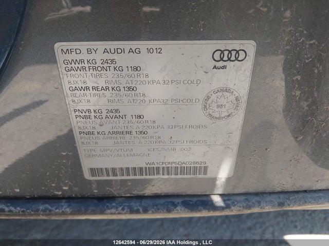 Aukcja sprzedaży 2013 Audi Q5 2.0t, vin: WA1CFCFP5DA028629, numer aukcji: 12642594