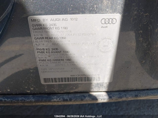 2013 Audi Q5 2.0t მანქანა იყიდება აუქციონზე, vin: WA1CFCFP5DA028629, აუქციონის ნომერი: 12642594