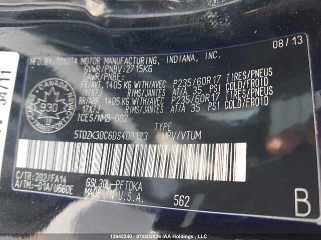 2013 Toyota Sienna V6 7 Passenger მანქანა იყიდება აუქციონზე, vin: 5TDZK3DC6DS400123, აუქციონის ნომერი: 12642240