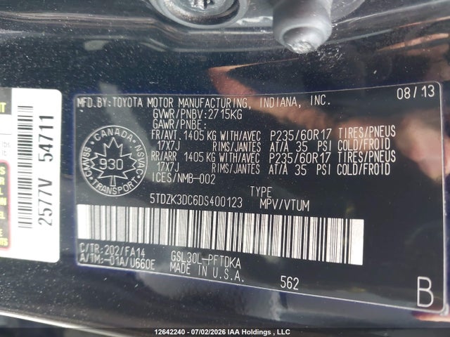 2013 Toyota Sienna V6 7 Passenger მანქანა იყიდება აუქციონზე, vin: 5TDZK3DC6DS400123, აუქციონის ნომერი: 12642240