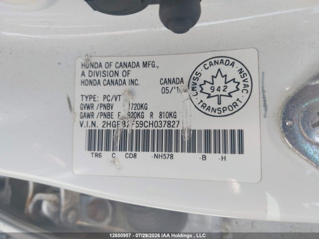2012 Honda Civic Ex 4dr მანქანა იყიდება აუქციონზე, vin: 2HGFB2F59CH037827, აუქციონის ნომერი: 12650957