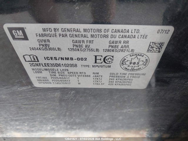 12641821 :رقم المزاد ، 2GNFLEE35D6102058 vin ، 2013 Chevrolet Equinox 1lt مزاد بيع