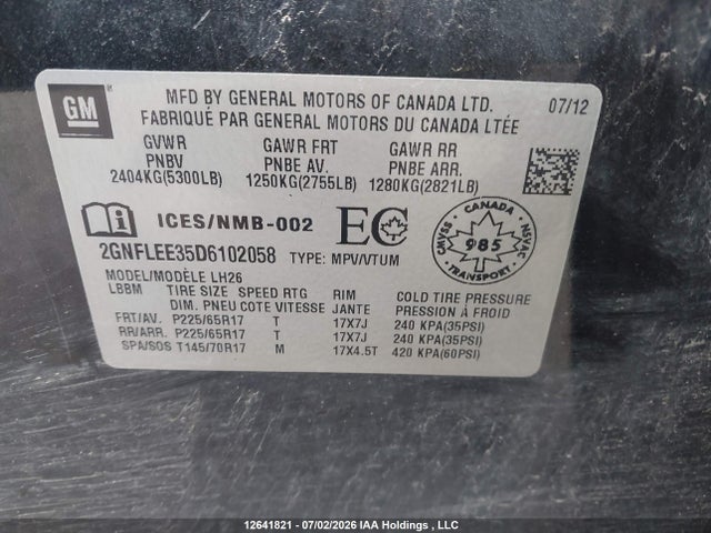 12641821 :رقم المزاد ، 2GNFLEE35D6102058 vin ، 2013 Chevrolet Equinox 1lt مزاد بيع