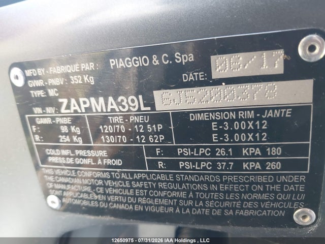 Продаж на аукціоні авто 2018 Vespa Gts 300 Super, vin: ZAPMA39L6J5200378, номер лоту: 12650975