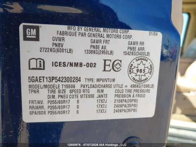 Aukcja sprzedaży 2004 Buick Rainier Cxl, vin: 5GAET13P542300284, numer aukcji: 12650976