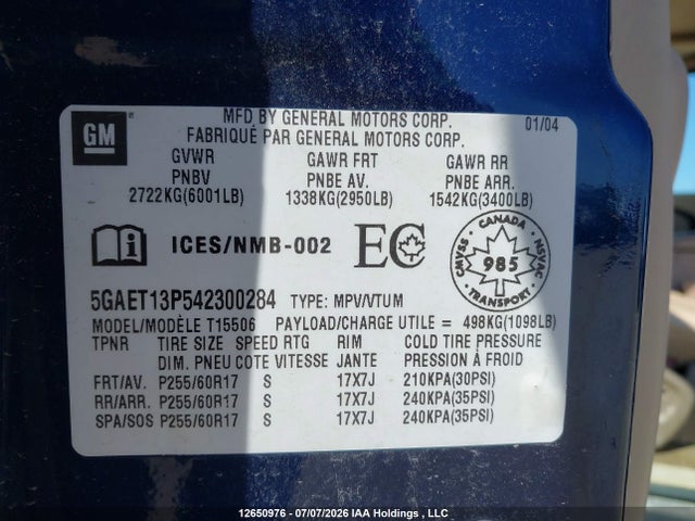 Aukcja sprzedaży 2004 Buick Rainier Cxl, vin: 5GAET13P542300284, numer aukcji: 12650976