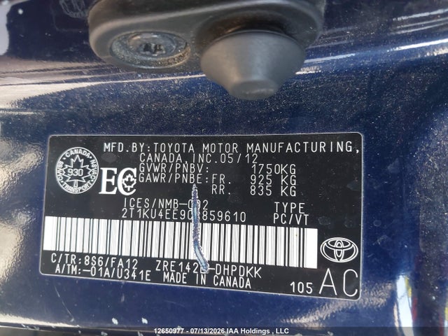 2012 Toyota Corolla Matrix მანქანა იყიდება აუქციონზე, vin: 2T1KU4EE9CC859610, აუქციონის ნომერი: 12650977