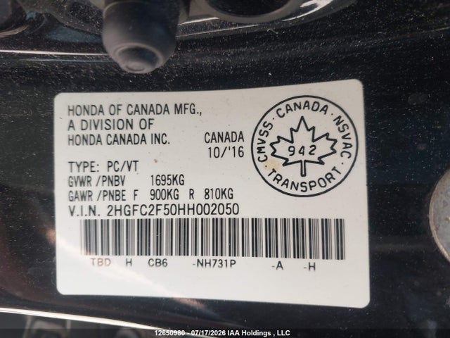 Aukcja sprzedaży 2017 Honda Civic Lx, vin: 2HGFC2F50HH002050, numer aukcji: 12650980