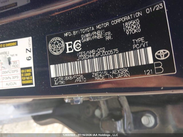 2023 Toyota Corolla Hybrid Se მანქანა იყიდება აუქციონზე, vin: JTDBDMHE4PJ000575, აუქციონის ნომერი: 12650985