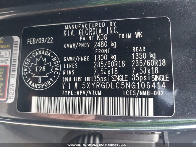 Продаж на аукціоні авто 2022 Kia Sorento 2.5l Lx Premium/2.5l Lx+, vin: 5XYRGDLC5NG106414, номер лоту: 12650986