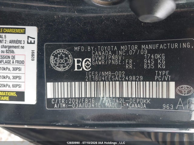 12650990 :رقم المزاد ، 2T1BU4EE5AC249829 vin ، 2010 Toyota Corolla S/le/xle مزاد بيع