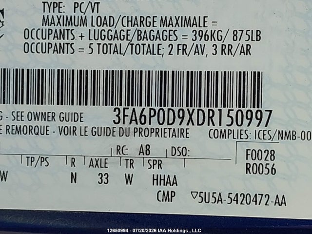 Aukcja sprzedaży 2013 Ford Fusion Titanium, vin: 3FA6P0D9XDR150997, numer aukcji: 12650994