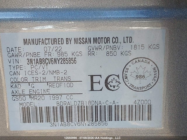 Продажа на аукционе авто 2022 Nissan Sentra Sv, vin: 3N1AB8CV6NY285856, номер лота: 12650998