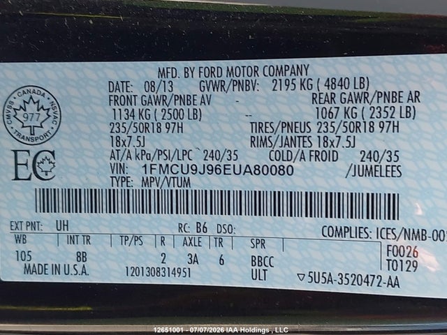 Продаж на аукціоні авто 2014 Ford Escape Titanium, vin: 1FMCU9J96EUA80080, номер лоту: 12651001