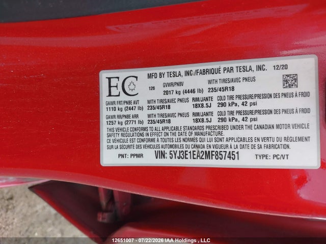 Tesla MODEL 3 2021 5YJ3E1EA2MF857451 Image 9