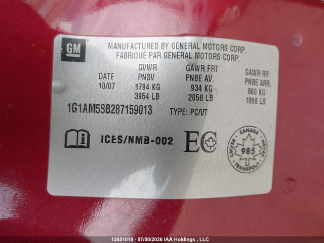 2008 Chevrolet Cobalt Sport მანქანა იყიდება აუქციონზე, vin: 1G1AM58B287159013, აუქციონის ნომერი: 12651018