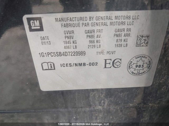 Aukcja sprzedaży 2013 Chevrolet Cruze Lt Turbo, vin: 1G1PC5SB4D7220989, numer aukcji: 12651020