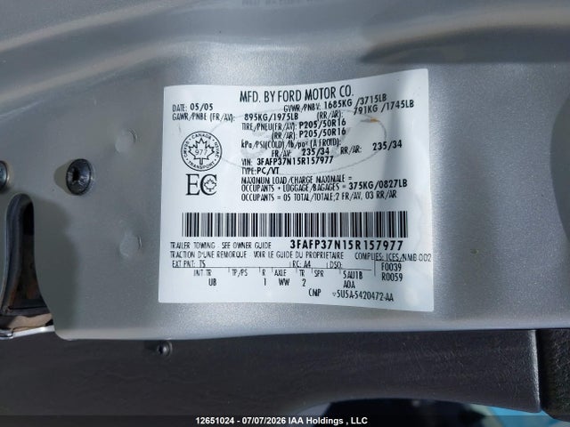 12651024 :رقم المزاد ، 3FAFP37N15R157977 vin ، 2005 Ford Focus Zx5 مزاد بيع