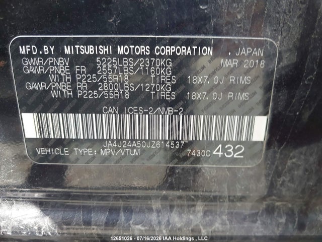 12651026 :رقم المزاد ، JA4J24A50JZ614537 vin ، 2018 Mitsubishi Outlander Phev Gt/se مزاد بيع