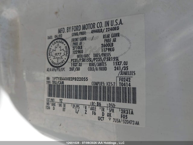 12651028 :رقم المزاد ، 1FTYR44V82PB22055 vin ، 2002 Ford Ranger Super Cab مزاد بيع