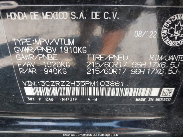 2023 Honda Hr-v Lx მანქანა იყიდება აუქციონზე, vin: 3CZRZ2H35PM103861, აუქციონის ნომერი: 12651039